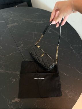 Yves Saint Laurent Black Quilted Leather Wristlet with Gold Hardware